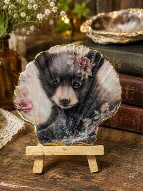 Decapoge Decorative Shell Art with Bear Face and Floral Accents - Black and Pink